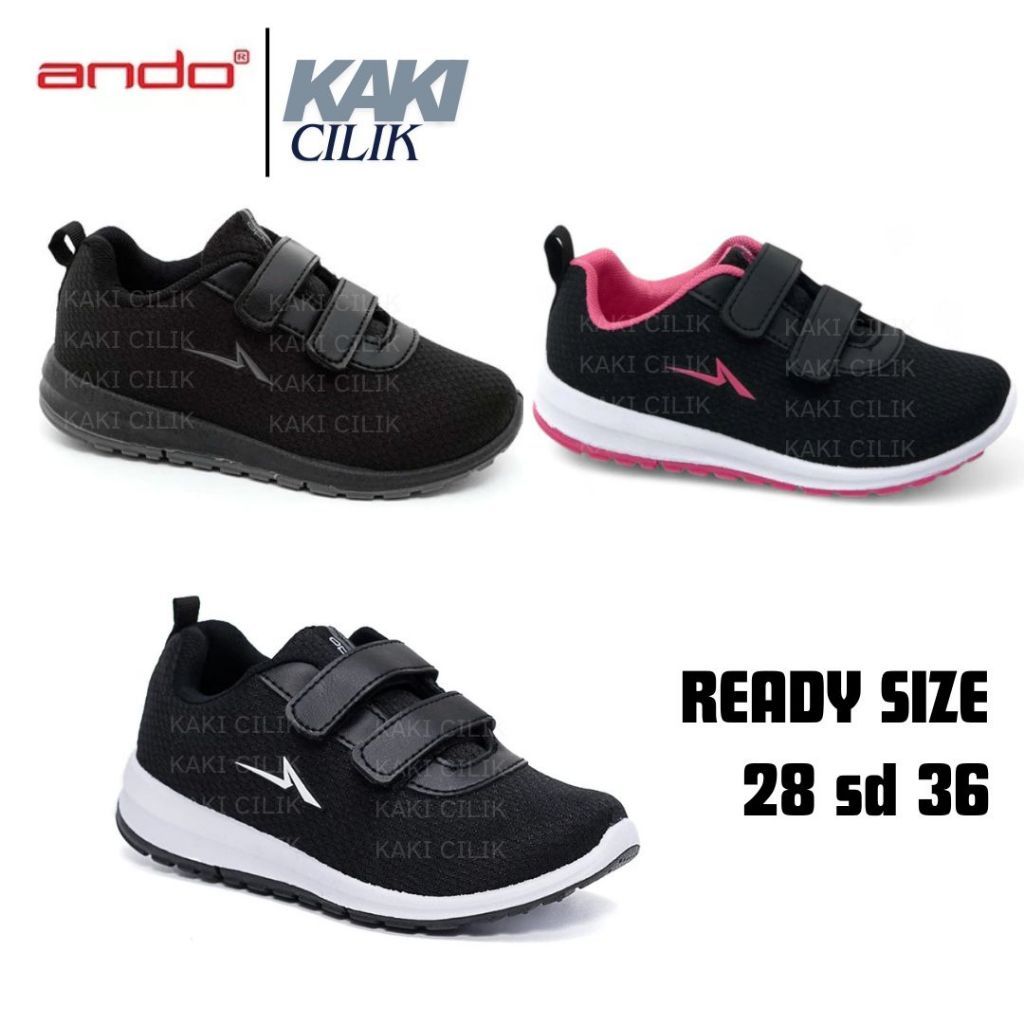 Sepatu Anak Ando Perekat Pria Wanita Size 28-36 Sneaker Sekolah Paud TK SD Hitam Putih Pink KAKICILI
