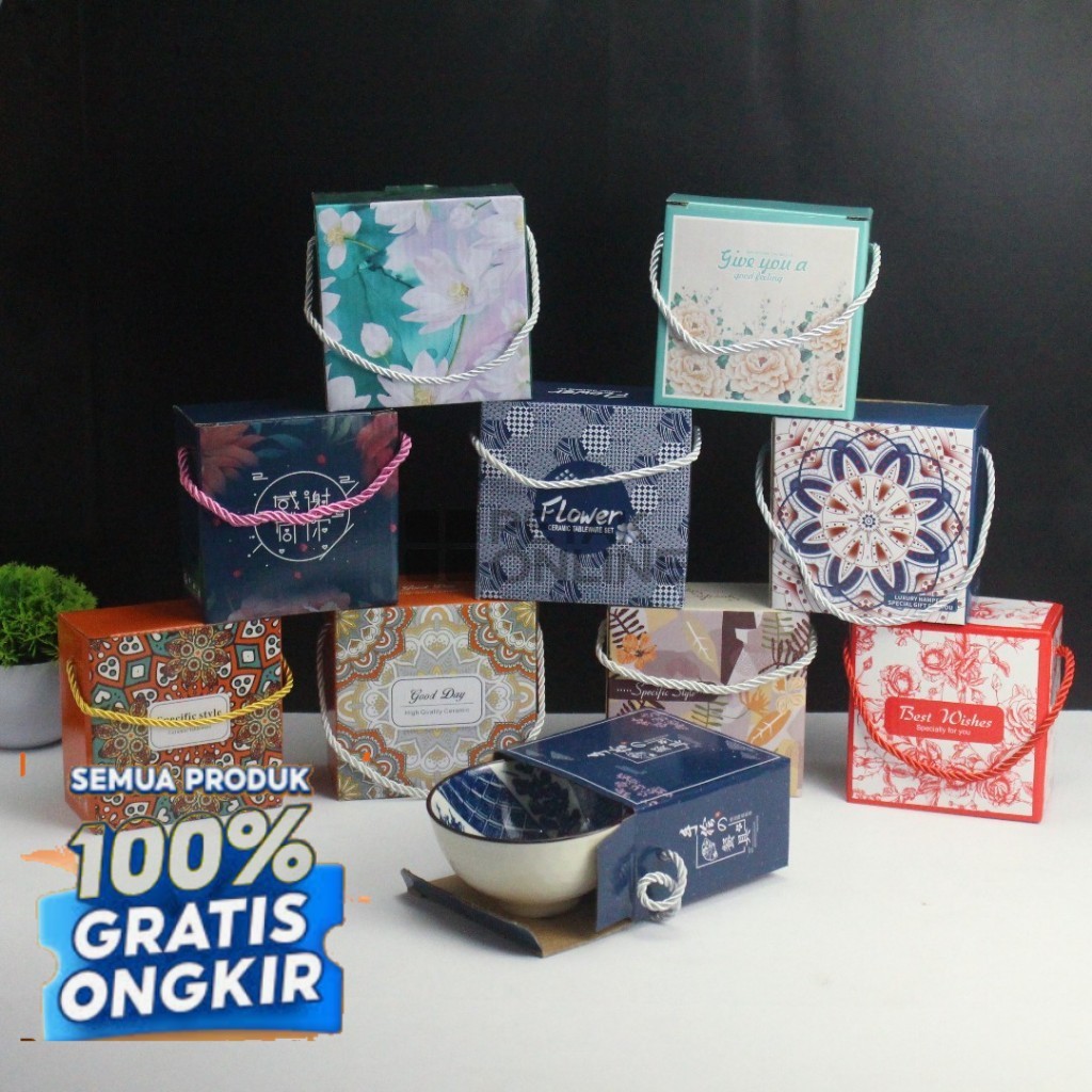 Hampers Mangkok Set Keramik Motif Korea Isi 1 Plus Box/ Coklat Khaki Cream Putih