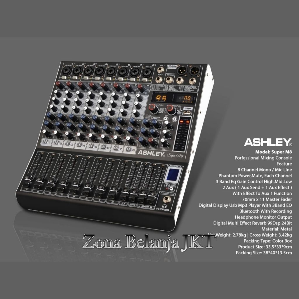 MIXER AUDIO ASHLEY SUPER M8 8 CHANNEL USB BLUETOOTH 99 DSP EFEK VOKAL ORIGINAL