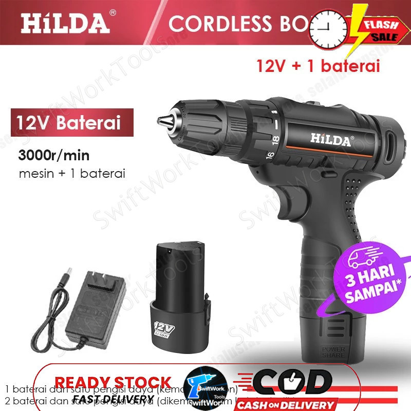 HILDA 12V Alat Listrik Mesin Bor/Obeng baterai impact drill cordless charger beton kayu besi elektri
