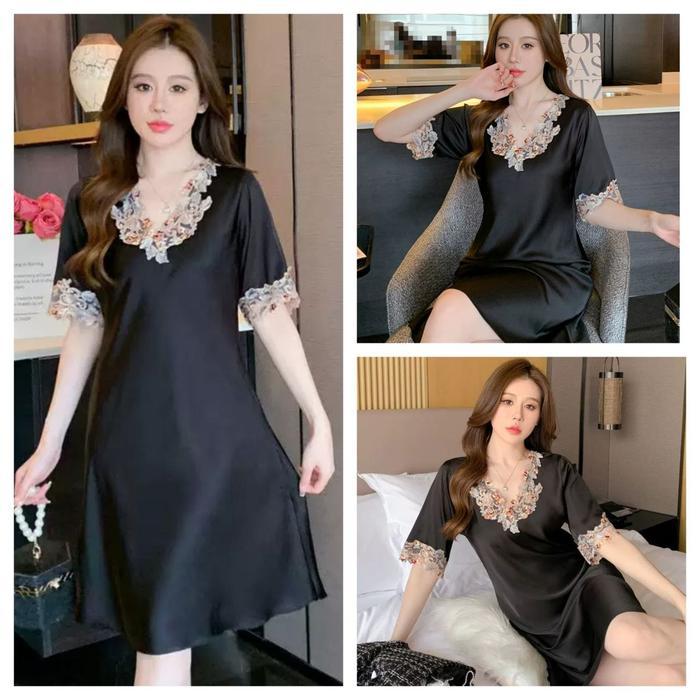 Baju Tidur Satin Sleepwear Sexy – Daster Wanita Elegan Adem Halus Import Murah Kekinian - Merah Muda