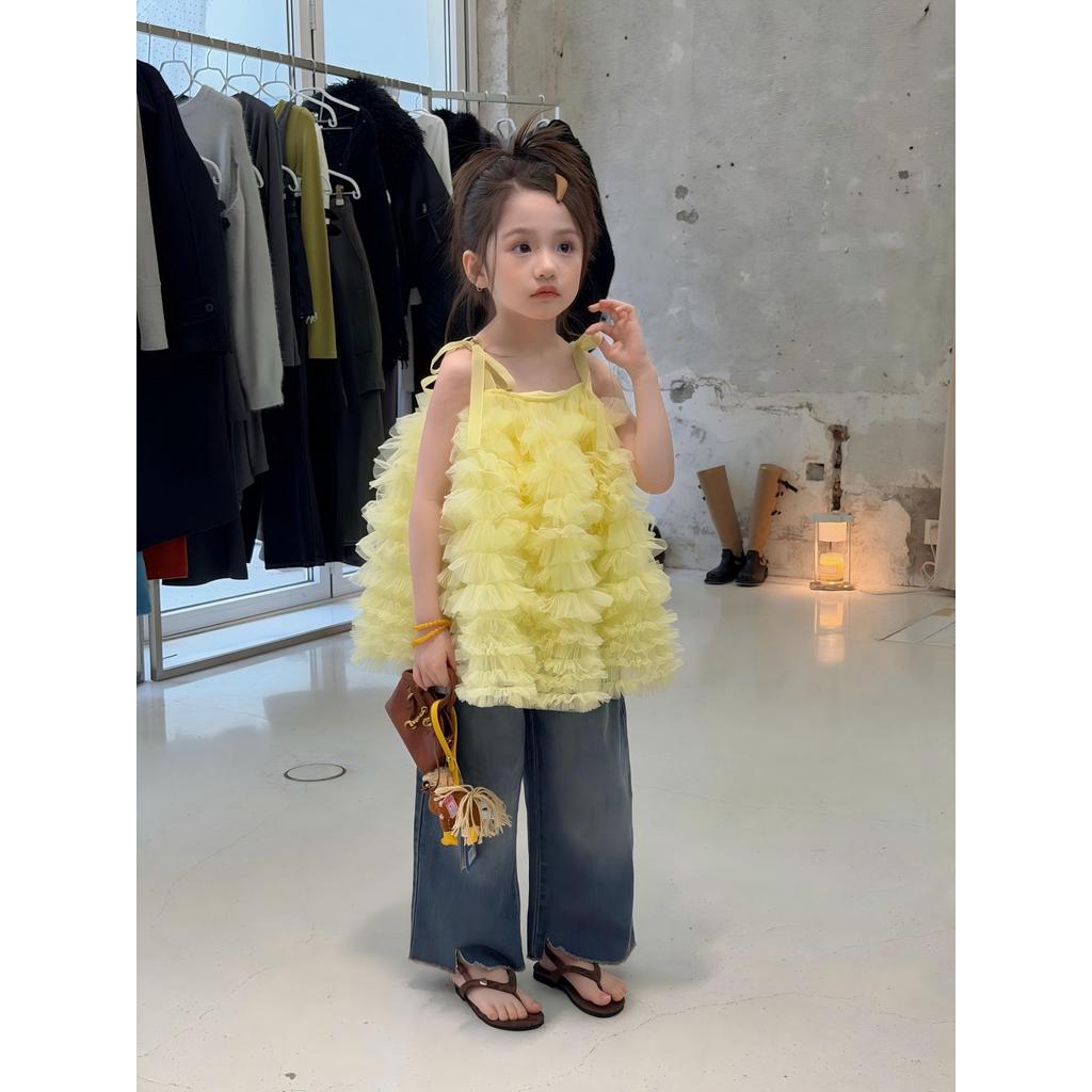 Mentari Kecil Gaun kue gaya Korea untuk anak perempuan, gaun suspender, gaun putri.