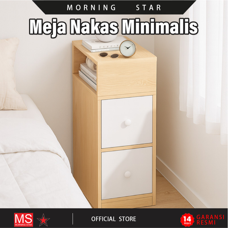 Meja Samping Kasur / Meja Nakas Kayu Minimalis / Rak Buku Penyimpanan Dua Laci Serbaguna