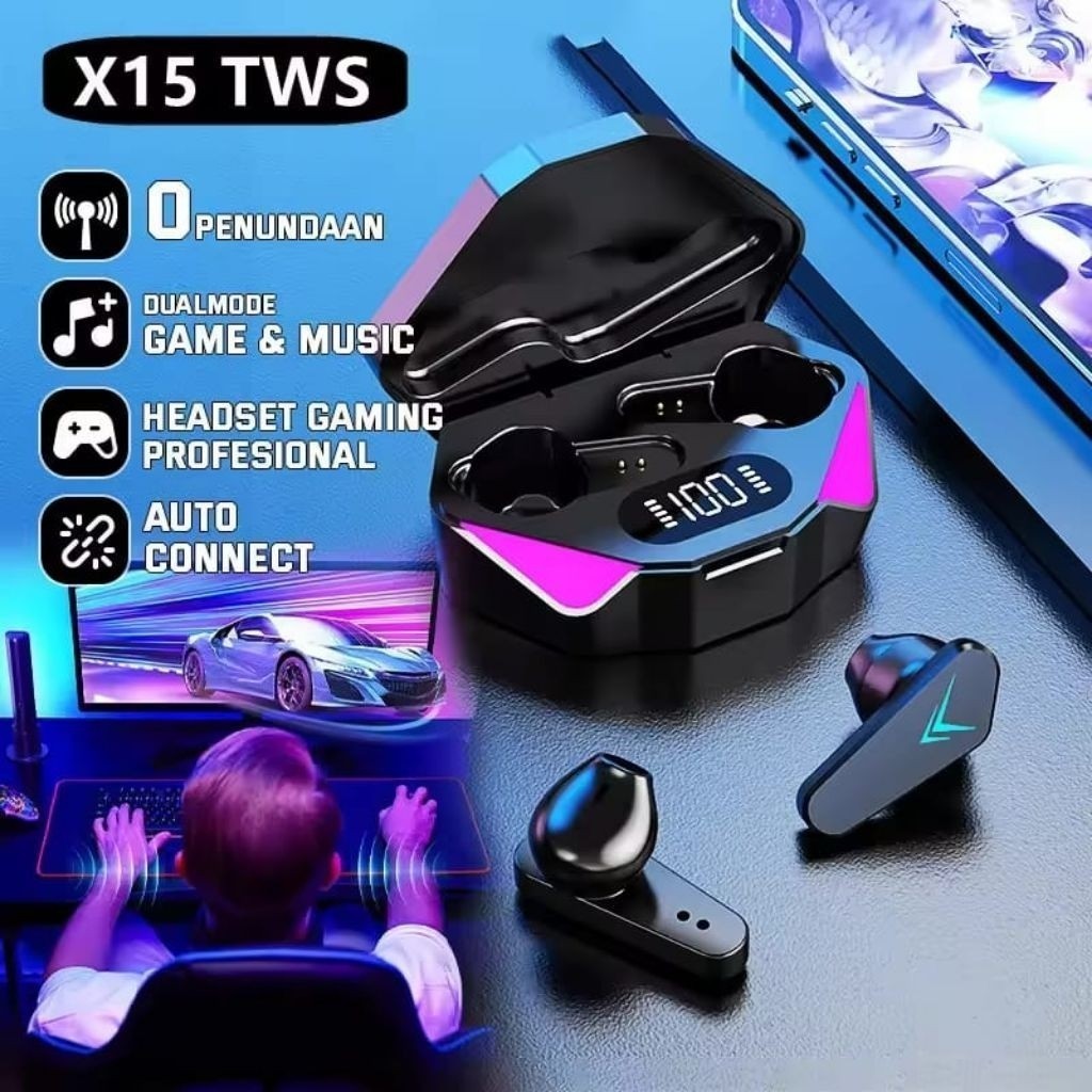 Tws Hf Bluetooth TWS X15 Wireless Stereo Gaming Earphone Bluetooth V5.3 Original Premium Full Bass E