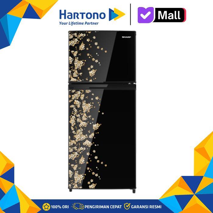 Sharp 172 / 152L Kulkas 2 Pintu 2 Door SHINE Magne Glass Sakura Yellow Pattern Refrigerator SJ195MDS
