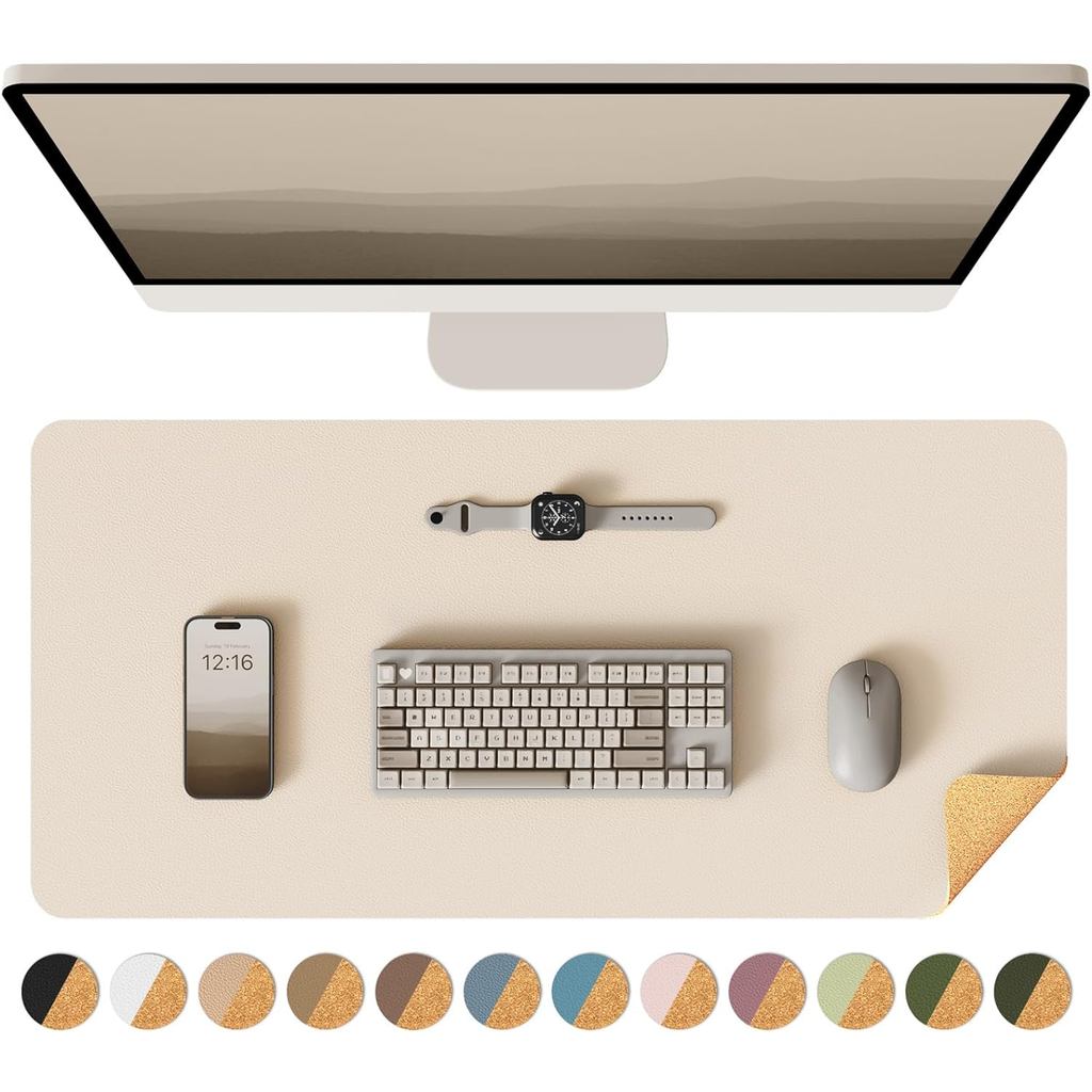 Double-Sided Desk Pad, Leather Desk Mat, Eco Cork Desk Pad Protector, Large Mouse Pad Waterproof Des