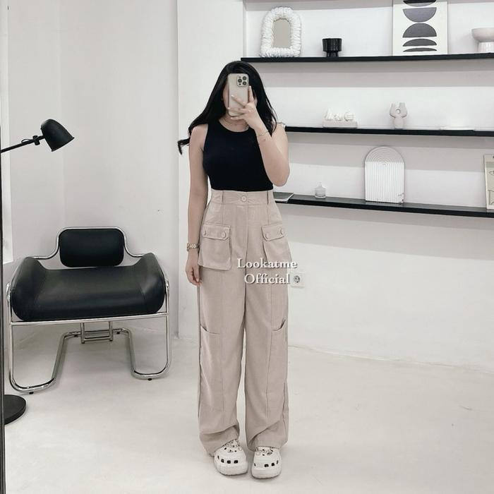 lookatmeofficial - Harley Cargo Pants - Celana Kulot Kargo Wanita Bahan Polyester Panjang Loose - GR