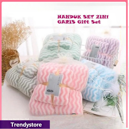 TRENDY HANDUK SET 2IN1 GARIS Gift Set Handuk Lembut Handuk Microfiber 2in1
