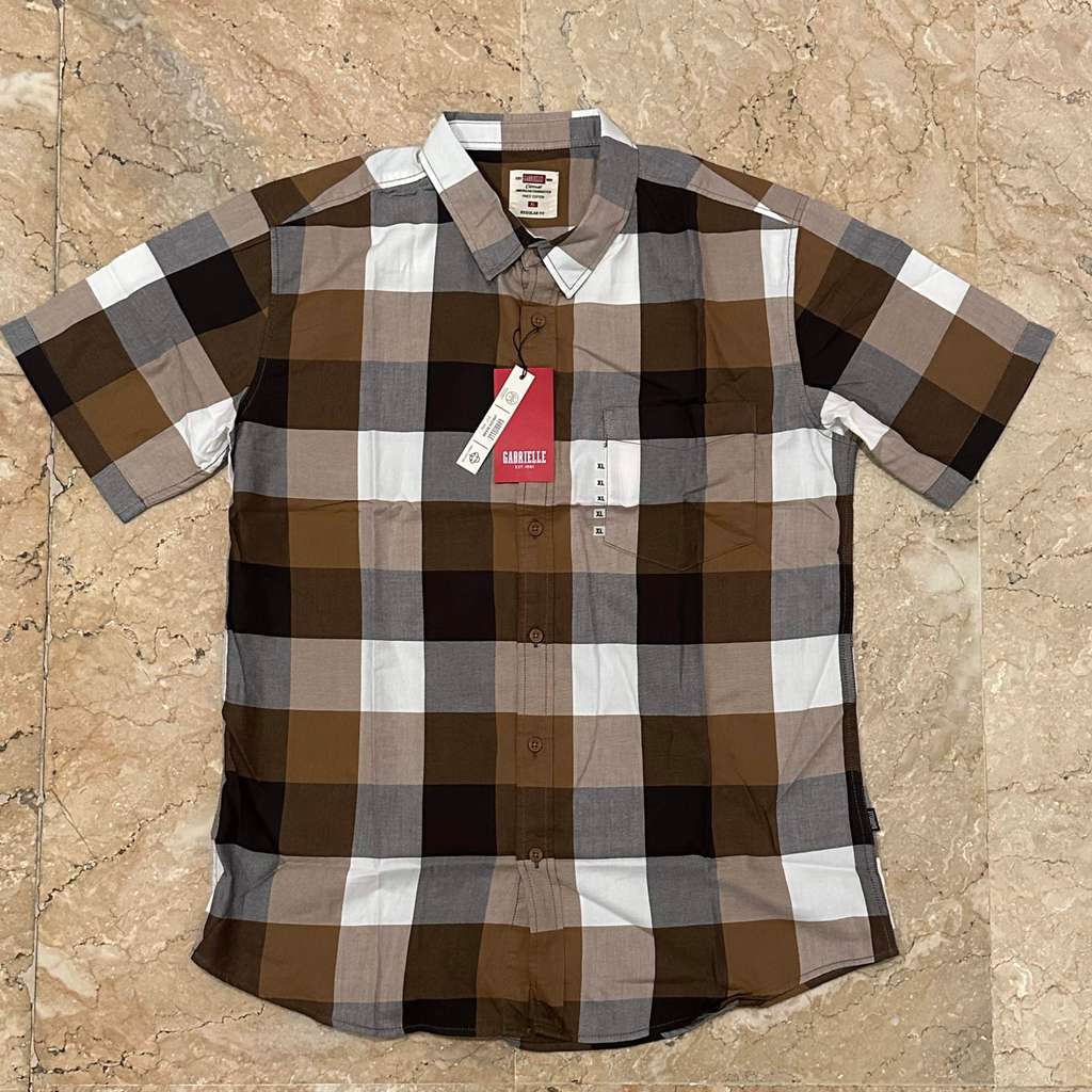 Kemeja Katun Pria lengan pendek GABRIELLE REGULER FIT kasual 100% Katun - Kotak coklat/putih - 81223