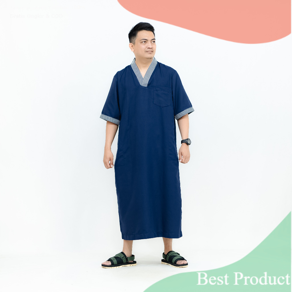 Jubah gamis maroko pria dewasa lengan pendek kerah v bahan katun- pakaian pria lainnya