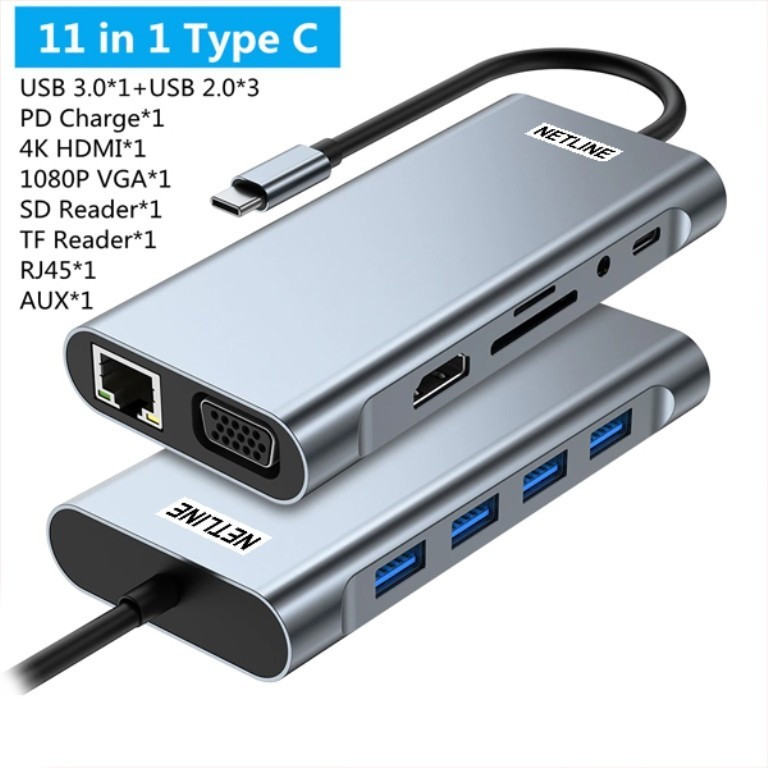 Netline USB Type C to HUB HDMI VGA LAN AUX Card Reader 11 in 1
