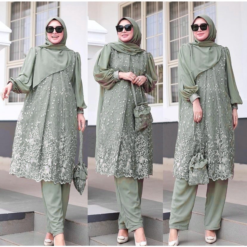 Clovera —— (Real Picture) Lexi One Set Brokat Long Tunic Setelan Wanita Muslim Cerutty Brukat Pesta 