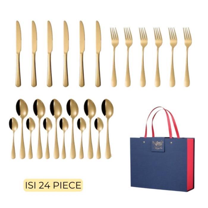 Luxury Gold Cutlery Set 24pcs Hardbox/Gift Set Sendok Gau Emas Mewah Kitchenware - gold
