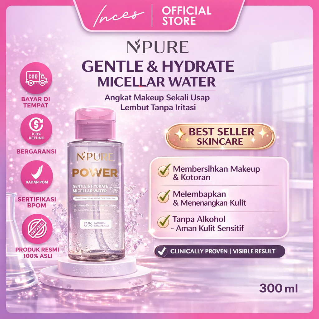 INCES - NPURE Gentle & Hydrate Micellar Water 300ml Make Up Remover / Pembersih Make Up / Deep Clean