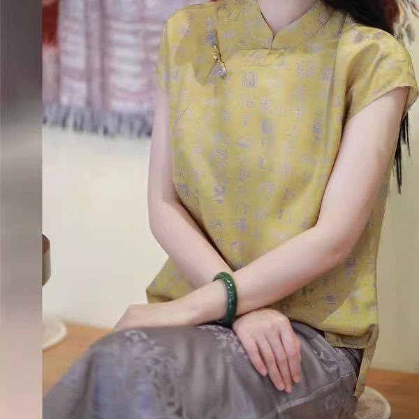 Atasan wanita serbaguna untuk ibu paruh baya, kemeja lengan pendek gaya Cina baru. T Baju Kaos