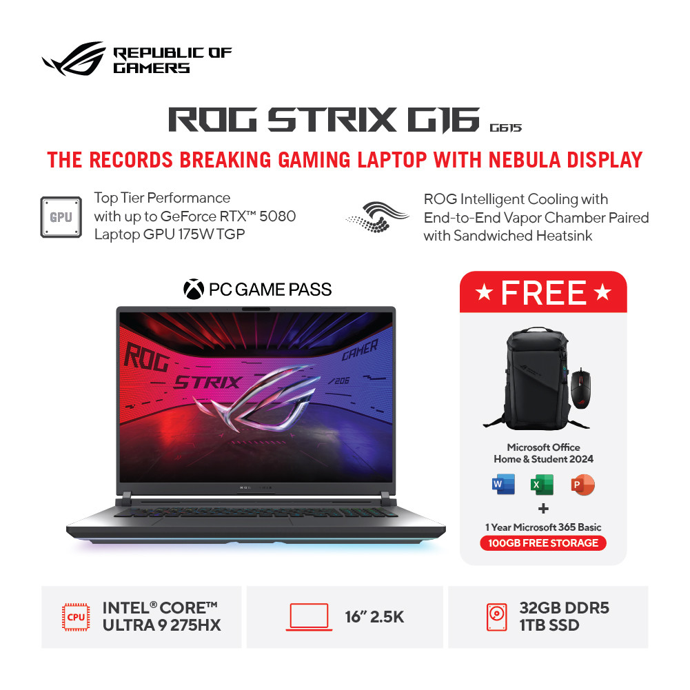 ASUS Rog Strix G16 G615LM - Intel Ultra 9-275HX - 32GB - 1TB - RTX5060 8GB - W11 - Office