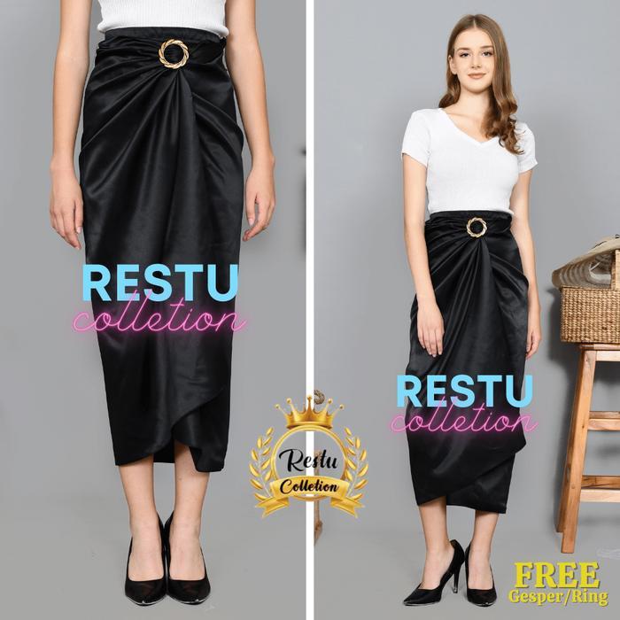 Aest Outfit Rok Lilit Serut Polos Bawahan kebaya Bahan Velvet Satin Premium Gratis Ring Polos Hitam 