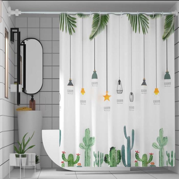 Paket tiang gantungan serbaguna Plus tirai anti air pilih motif Varian - Kaktus, Tiang + Dus +Buble