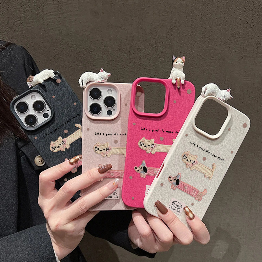 Kartun 3D Lying Kucing Leather Phone Case For Samsung A07 A37 A17 A57 A36 A16 A56 A06 A55 A15 A26 A5