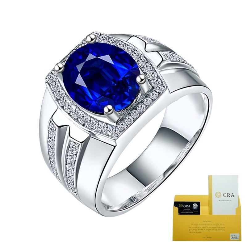 (With Gra Certificate) Cincin Lebar Pria Moissanite Bentuk Telur Emas Putih 18K Safir