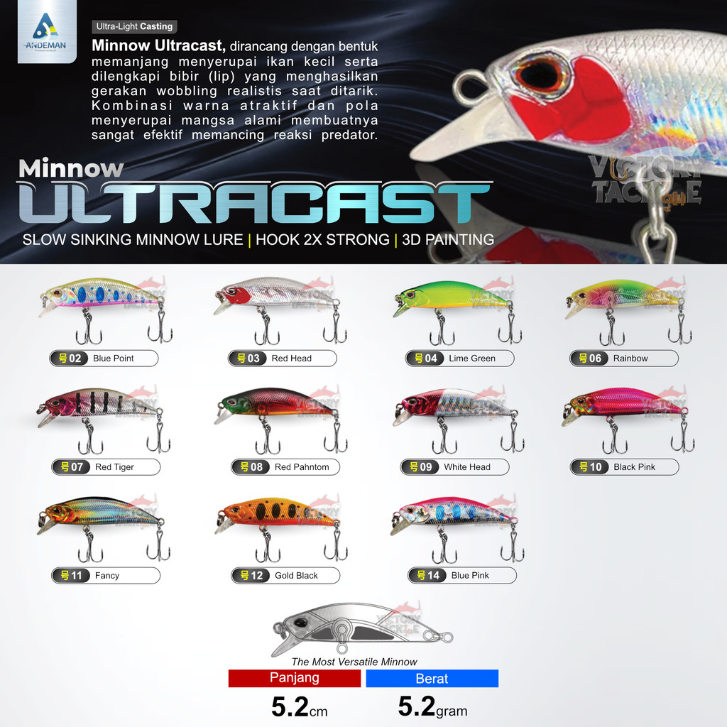 ULTRACAST MINNOW SLOW SINKING MINNOW LURE UMPAN PANCING UL ULTRALIGHT CASTING MINNOW 5.2 GRAM 5.2 CM