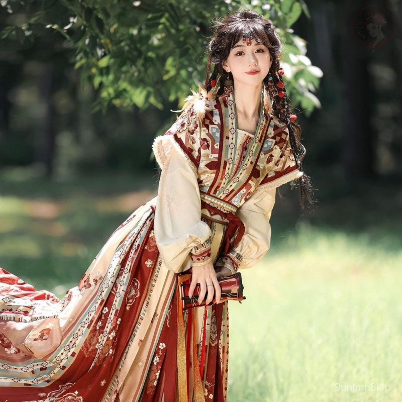 Paket Hanfu untuk Badan Kecil Wanita Kemeja Beizi Kerah Bulat Rok Berlipit Pinggang Tinggi Cantik