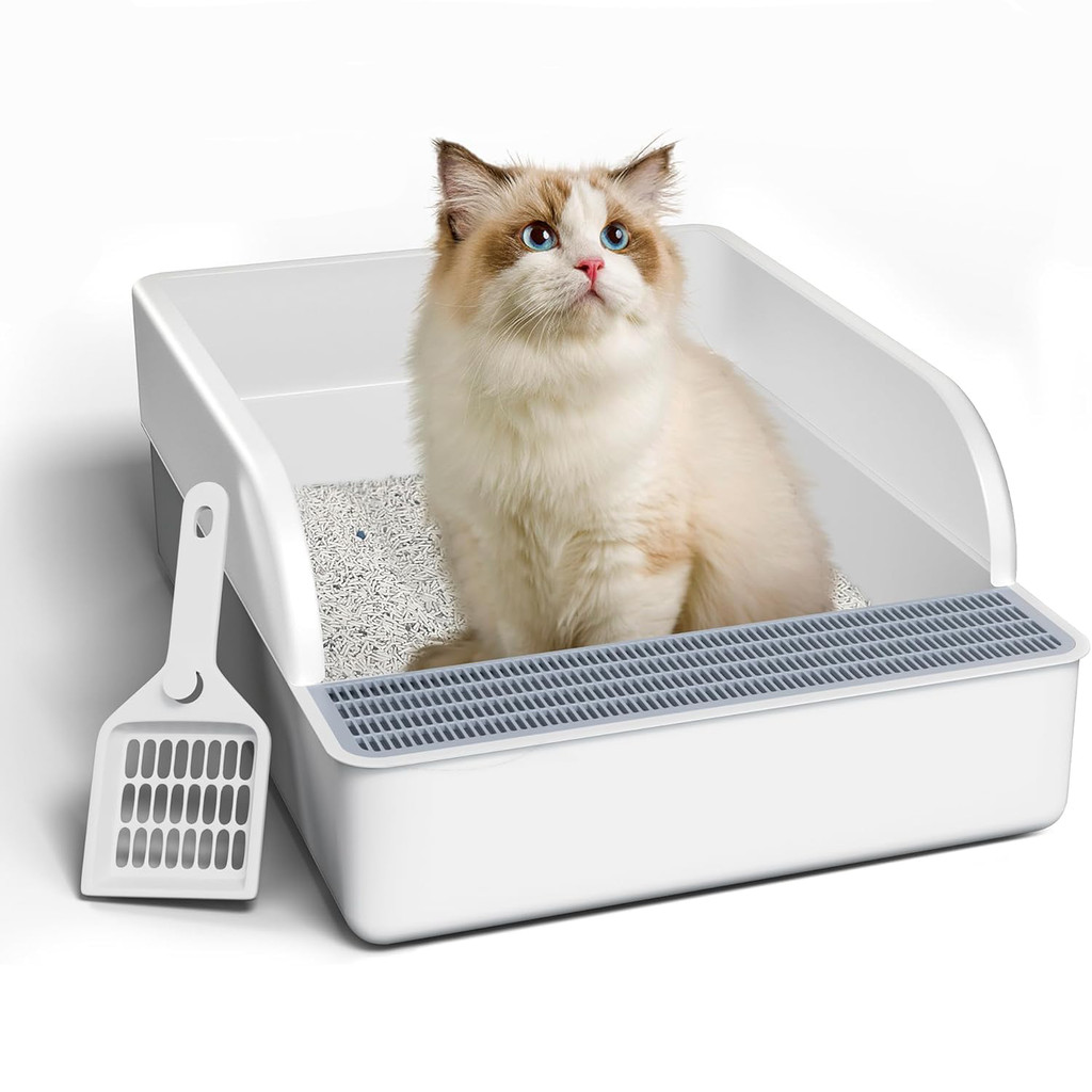 Open Cat Litter Box with High Side Anti-Splashing Cat Toilet,-Enclosed Removable Prevent Sand Leakag