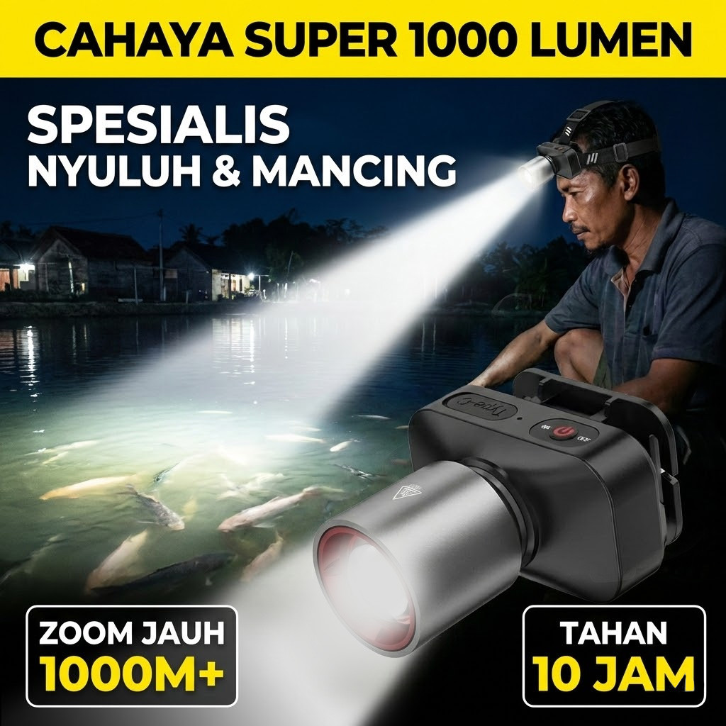 Senter kepala super terang anti air 1000 Lumen senter led super terang lampu senter kepala zoom supe