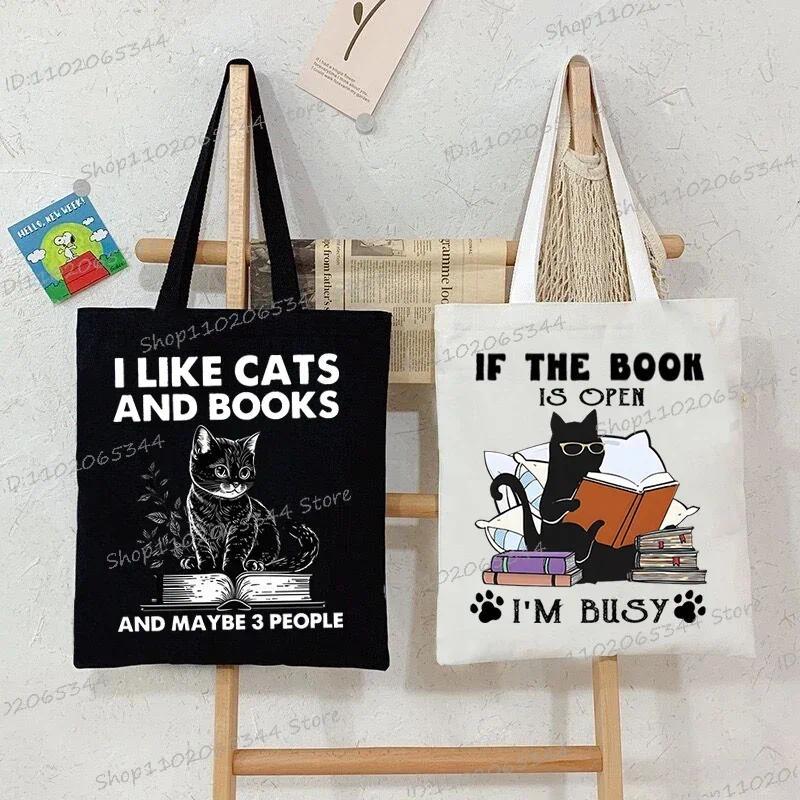 New Cats and Books Pattern Shopping Bags Women Reusable Recycle Bag Bookworm Cat Lover Canvas Shoppi