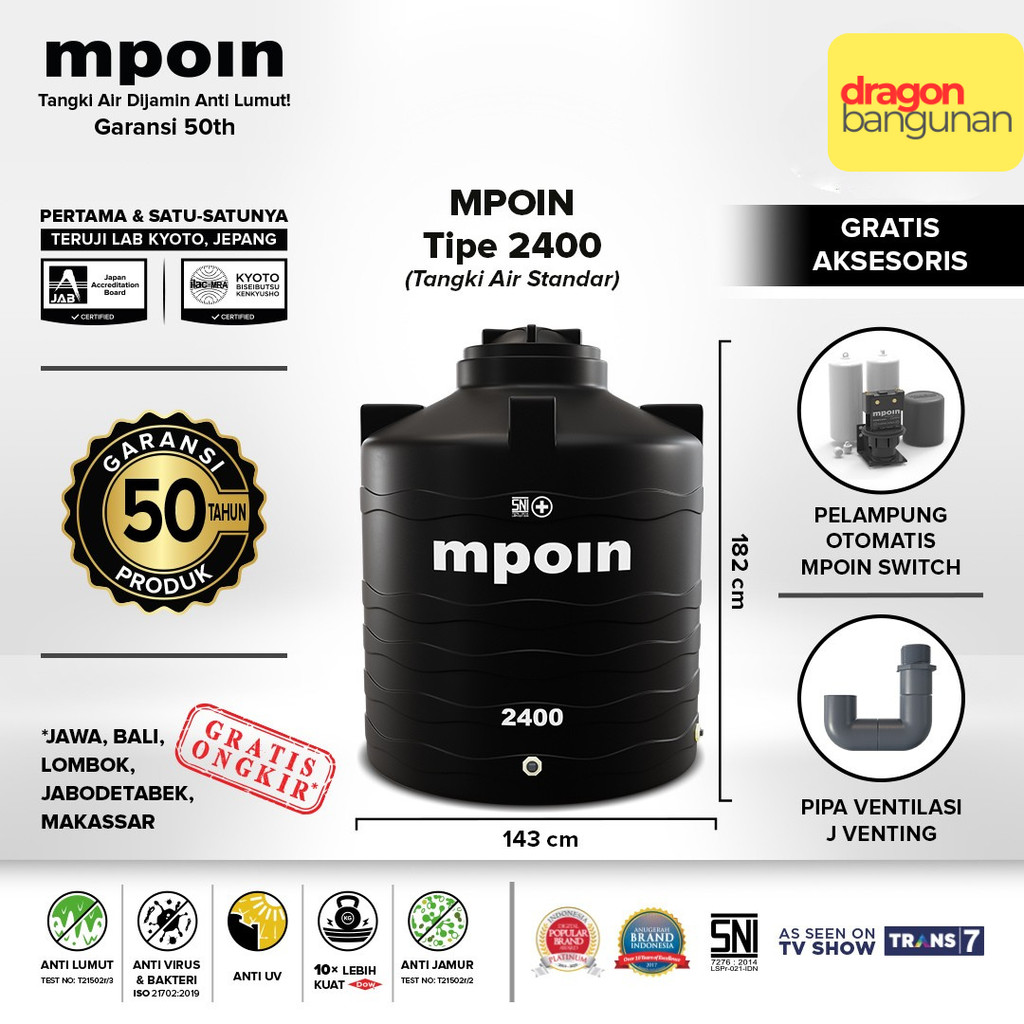 Tangki Air Mpoin Plus 2400 / Mpoin Wave 2400 Hitam