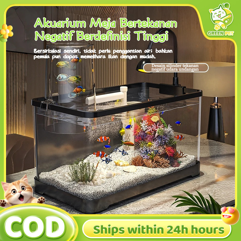 PAPAPET Akuarium 360 derajat dengan pencahayaan LED dan filter daya set akuarium meja ideal untuk be