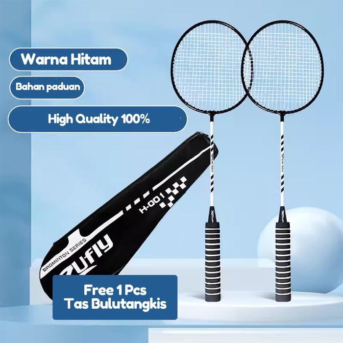 (Bagus Sport) Raket Bulu Tangkis Isi 2 pcs/raket badminton original/raket badminton - Hitam, Raket +
