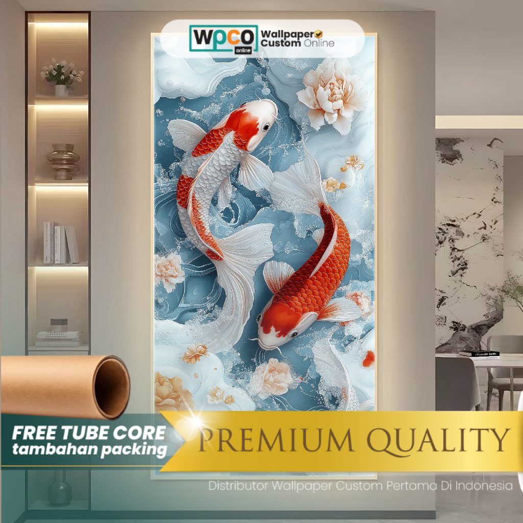 Stiker Dinding - Stiker Dinding Arch - Stiker Dinding Arch Motif Ikan Koi Bunga Teratai Lotus 3D