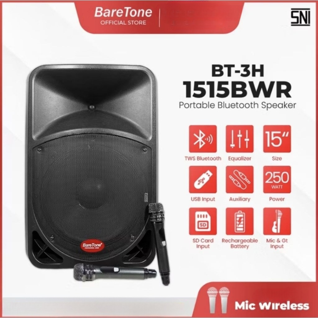 SPEAKER PORTABLE BARETONE 1515BWR SPEAKER BLUETOOTH 15INCH