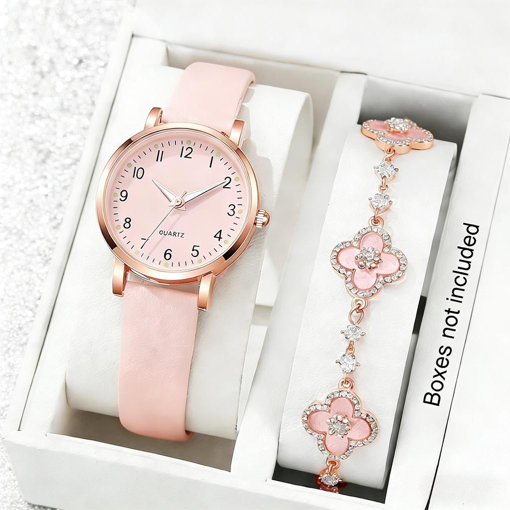 2pcs Jam Tangan Kuarsa Wanita Gelang Berlian Klover Jam Tangan Dial Kecil Tepi Emas Jam Tangan Tali 