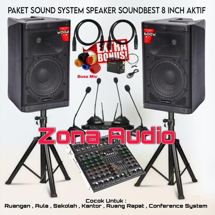 PAKET SOUND SYSTEM RUANG RAPAT SPEAKER SOUNDBEST 8 INCH MIXER 6 CHANNEL 4 MIC MEJA WIRELESS GARANSI 
