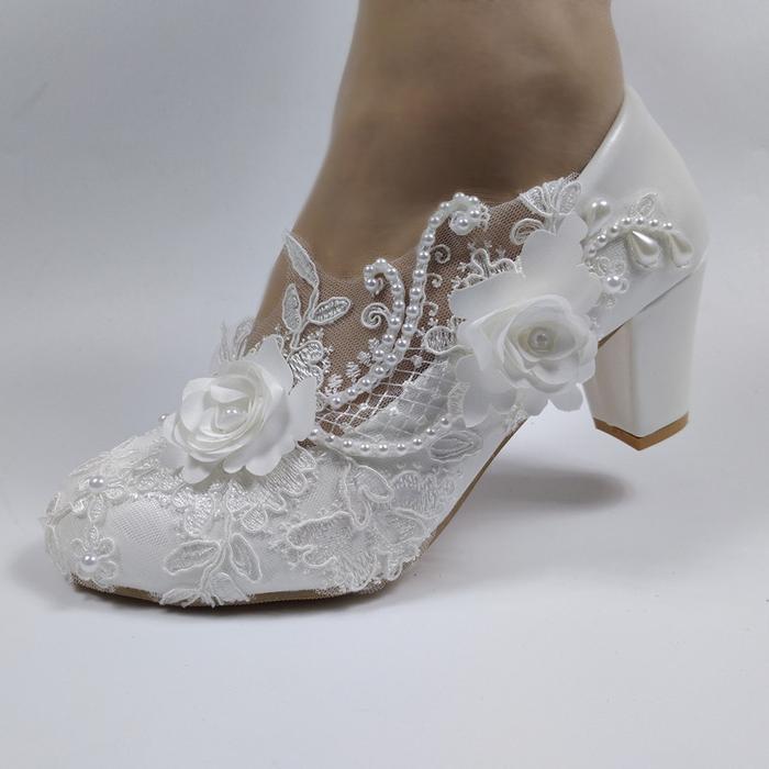 2024 New Customize  wedding shoes Bridesmaid Dress shoes Thick Heeled Med Heel Shoes white Lace shoe