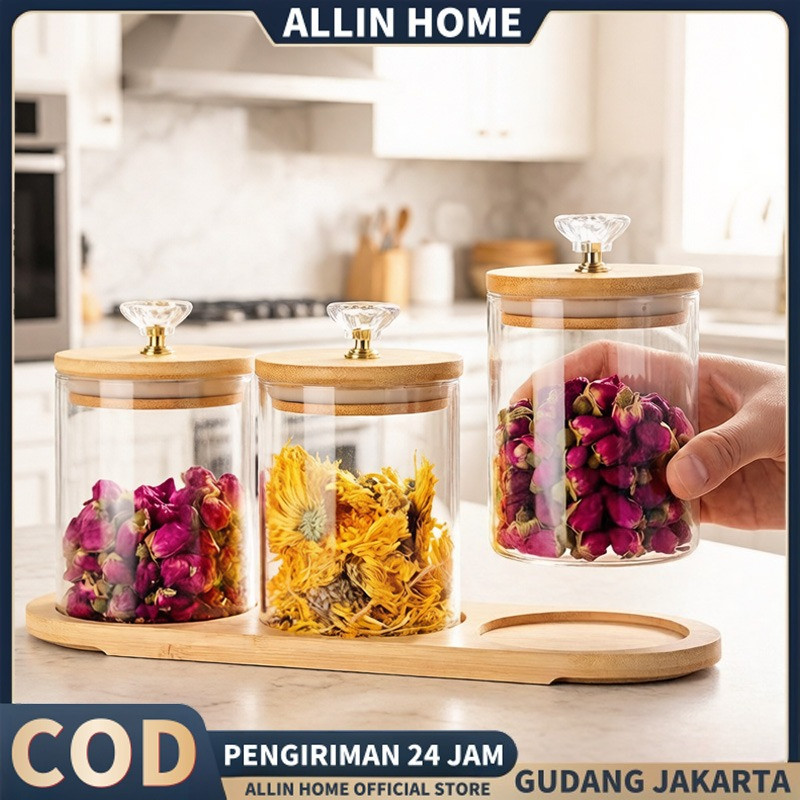 3IN1 Tempat Bumbu / Candy Jar / Toples Kaca Diamond Dengan Nampan Kayu