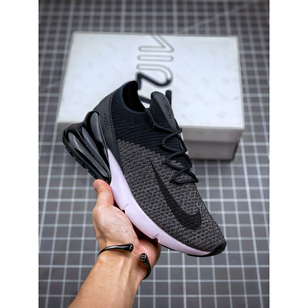 Nike Air Max 270 Flyknit Sepatu Lari Marathon Pria Hitam Putih Abu-abu Nyaman Low Top Air Cushion