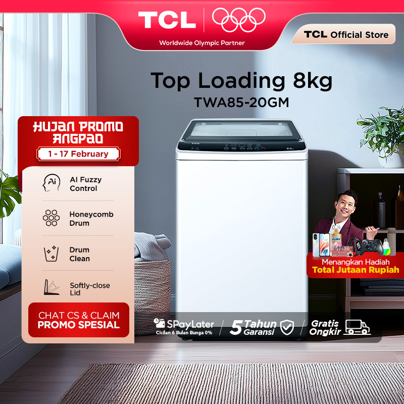 TCL Mesin Cuci 1 Tabung - Top Loading 8 KG - Honeycomb Crystal Drum - Auto Cleaning - Eight Wash Pro