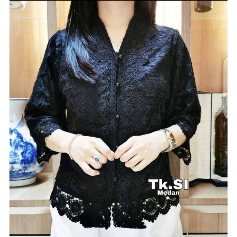SERESHOP Atasan kebaya brokat lapis furing kebaya kartini bahan brokat premium-brokat Elghana hitam 