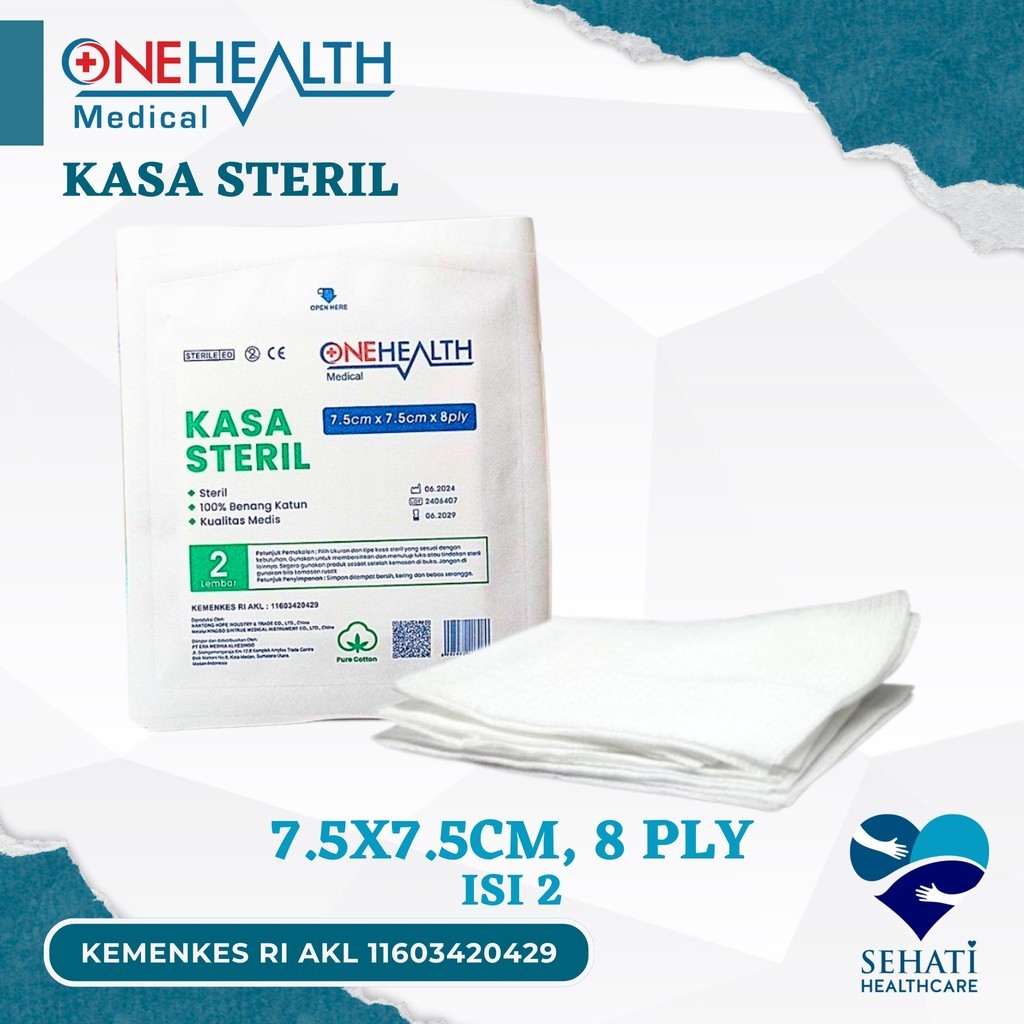 OneHealth Kasa Sterile 7.5x7.5 cm 8 Ply isi 2 Peralatan Pembersih Perban Lipat Dalam Penutup Luka P3