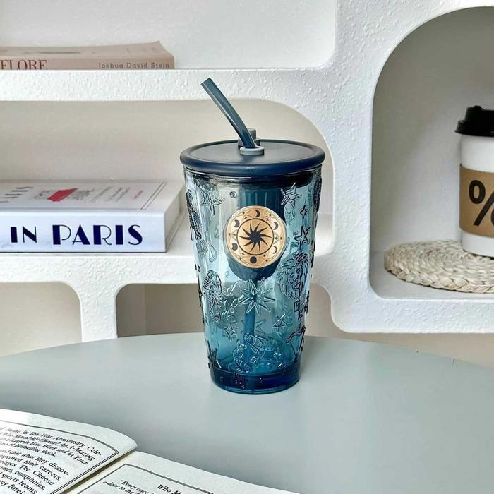 LOVWISH Gelas Tumbler Kopi Kaca Zodiac 450ml dengan Sedotan – Mug Transparan Bertekstur Premium, Des