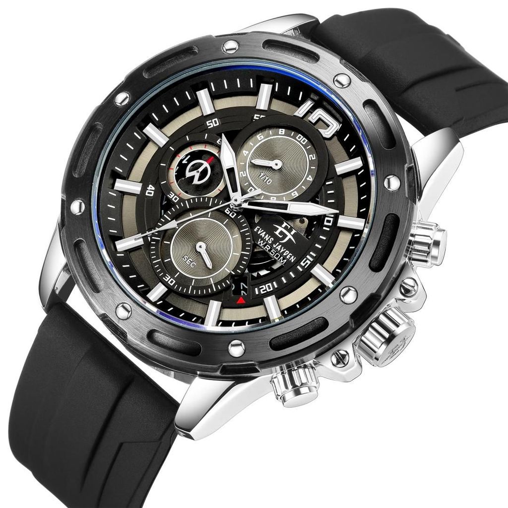 jam tangan Evans Jayden Jam Tangan Pria 9494 Rubber Kaca Sapphire Chronograph Water Resistant 5 ATM 