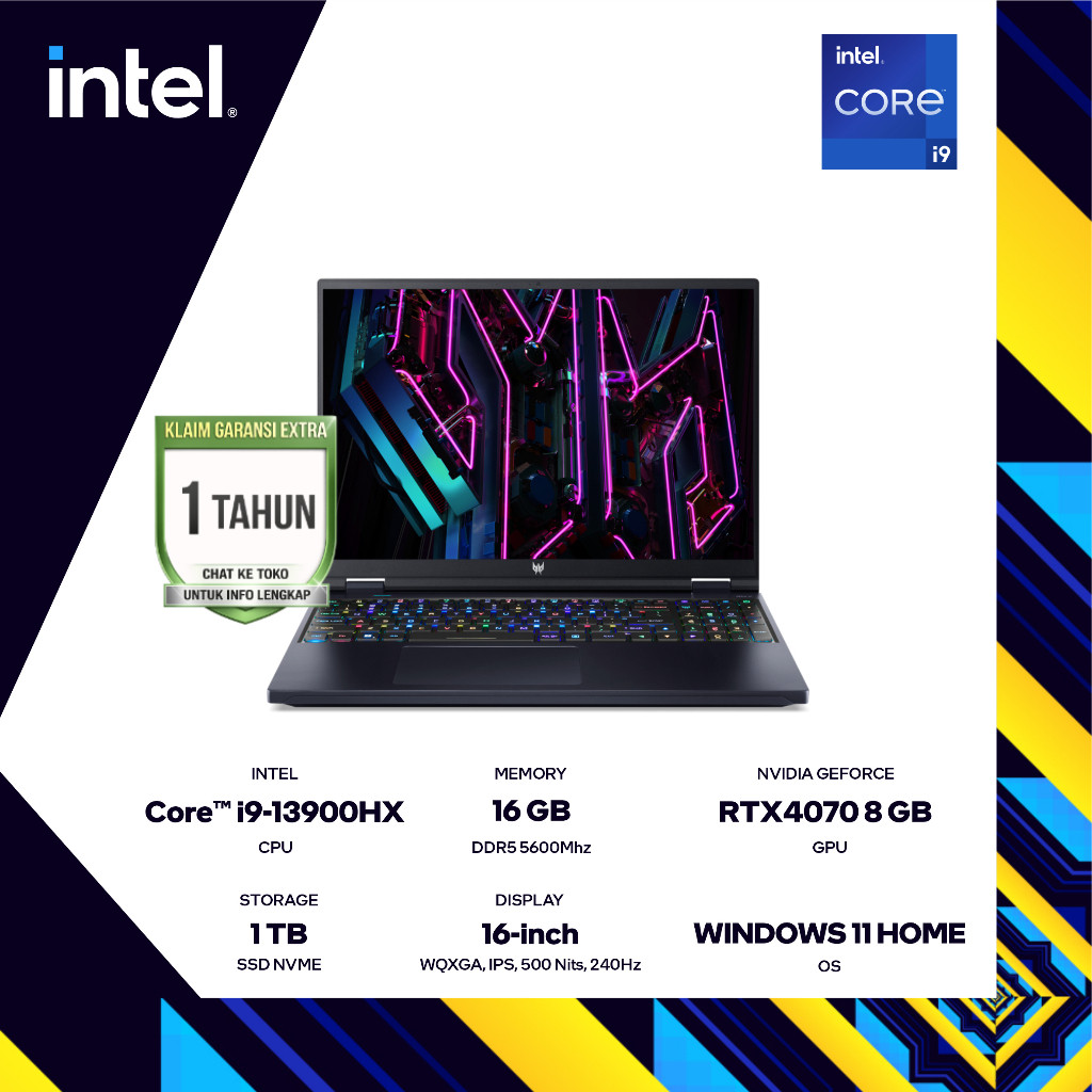 ACER PREDATOR HELIOS 16 PH16 - RTX4070 I9 13900HX 16GB 1TBSSD W11 16"