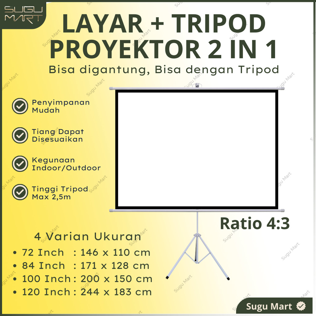 Layar Proyektor Plus Tripod 72 84 100 120 Inch Ratio 16:9 dan 4:3 Tripod Screen Projector Layar