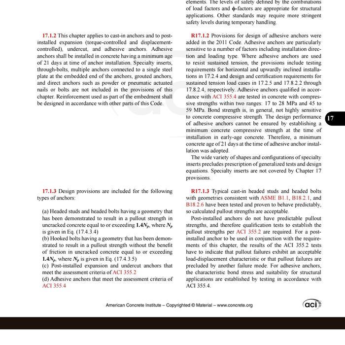 ACI 318-14 chapter 17 anchoring to concrete