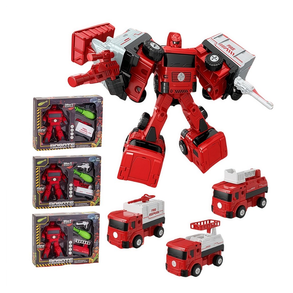 Robot Transformer Mobil Pemadam Kebakaran Anak 3 Mode DIY Bongkar Pasang Mainan Robot Mobil