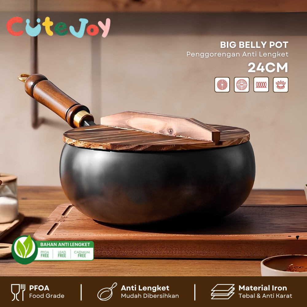 CUTE JOY Big Belly Pot Panci Wajan Besar 24cm Anti Lengket Food Grade Dengan Tutup Kayu Panci Besi T