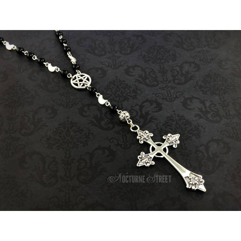 Gothic Rosary Necklace - Gothic Prayer Beads, Pentagram Necklace, Beaded Trad Goth Necklace, Gothic 